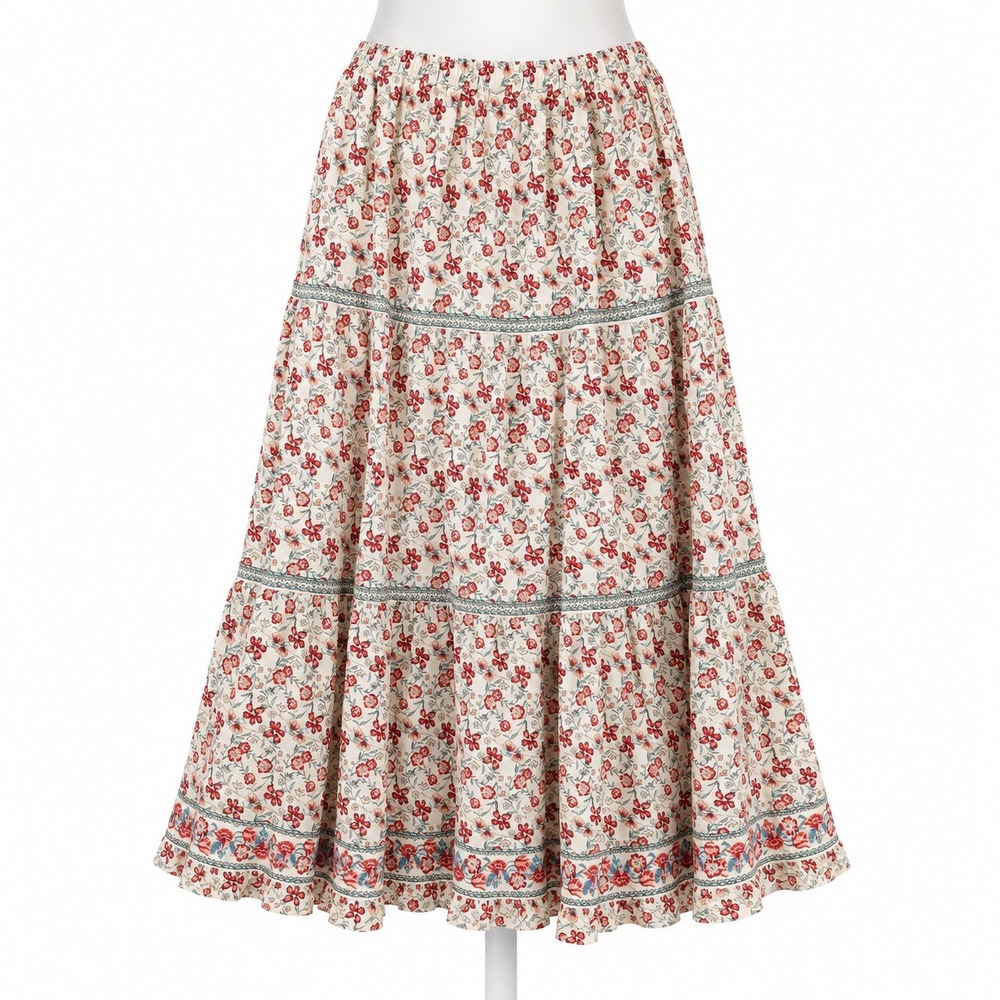 Floral Fairy Tiered Maxi Skirt Size L Red Lined Cottagecore Romantic Boho Flowy